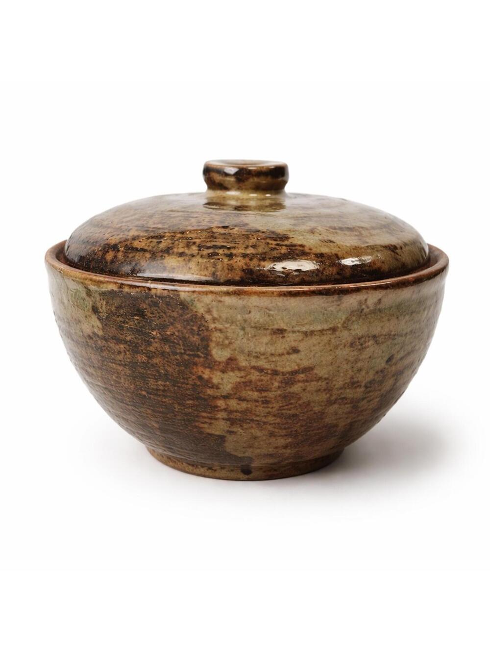 Brown Stoneware Pottery Round Serving Bowl With Lid Rustic Country Farmhouse